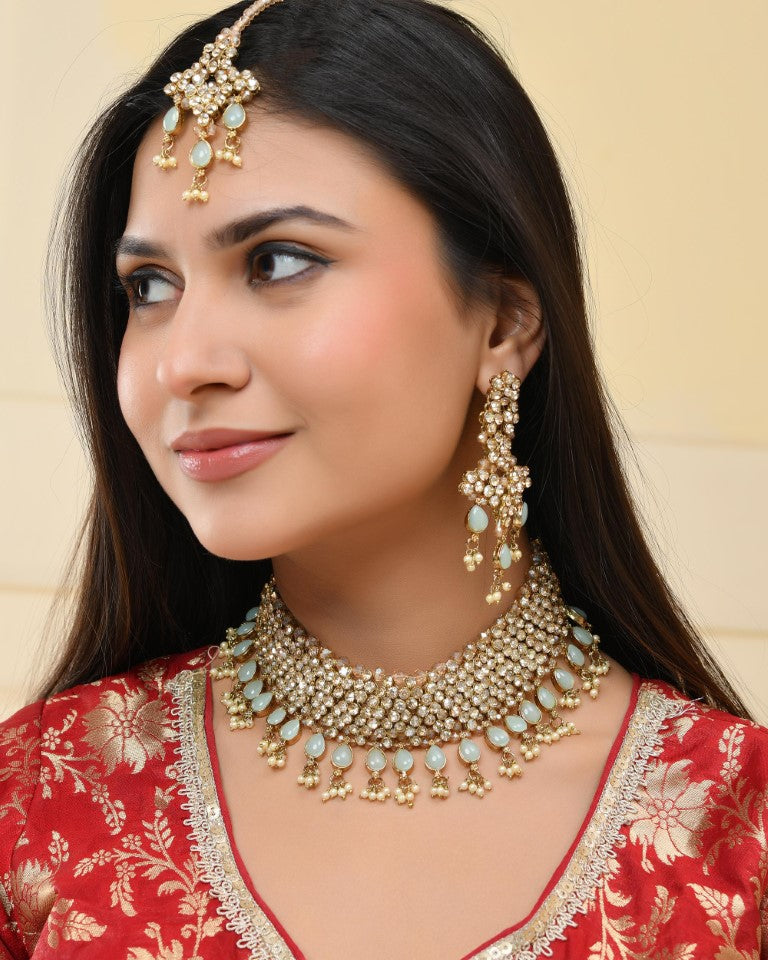 VOJ Gold And Sea Green Stone Studded Classic Choker Set | Grocsy