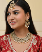 VOJ Gold-Polished Stone Studded Designer Choker With Earrings And Maang Tikka Set | Grocsy
