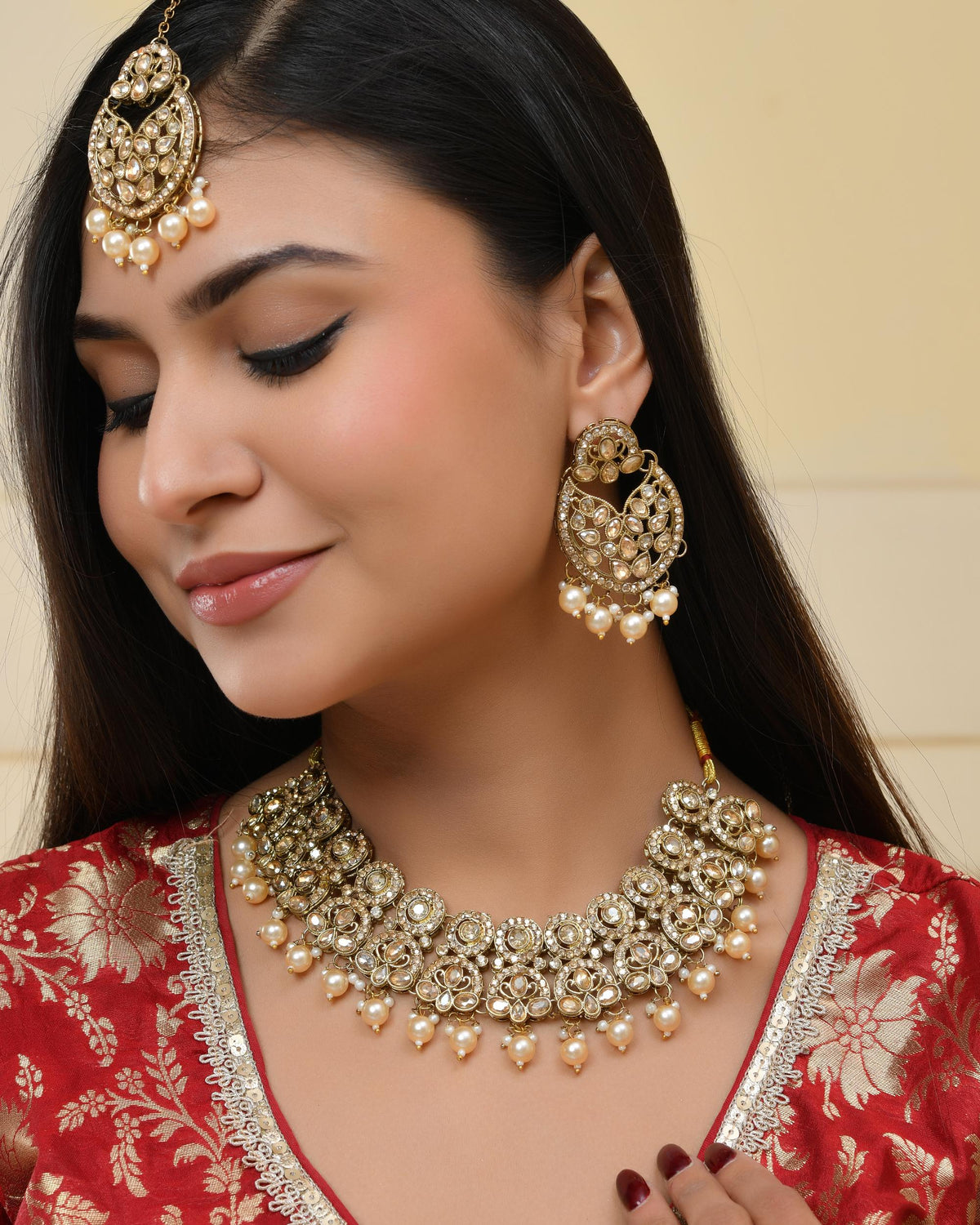 VOJ Gold-Polished Stone Studded Designer Choker With Earrings And Maang Tikka Set | Grocsy