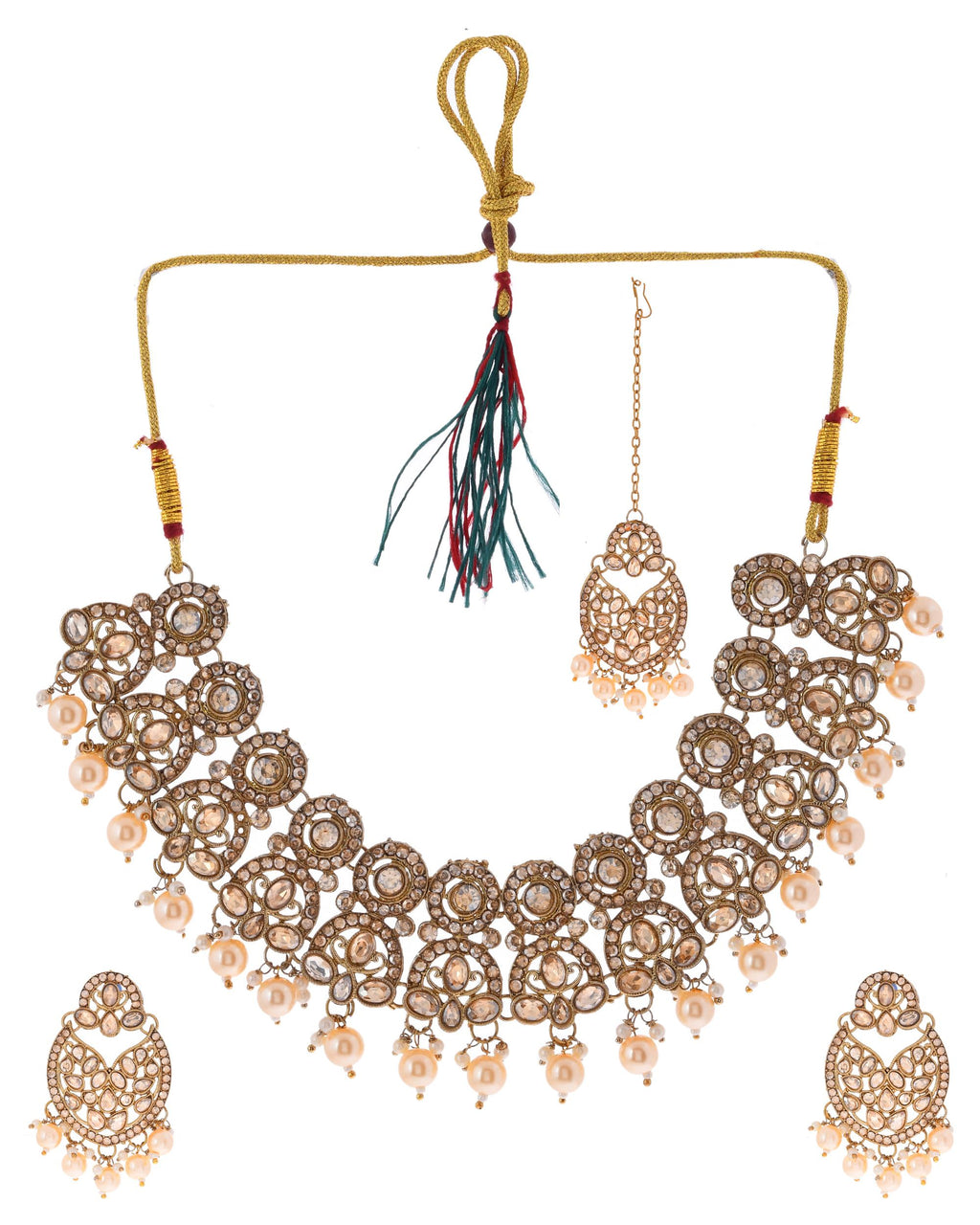 VOJ Gold-Polished Stone Studded Designer Choker With Earrings And Maang Tikka Set | Grocsy