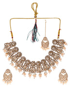 VOJ Gold-Polished Stone Studded Designer Choker With Earrings And Maang Tikka Set | Grocsy