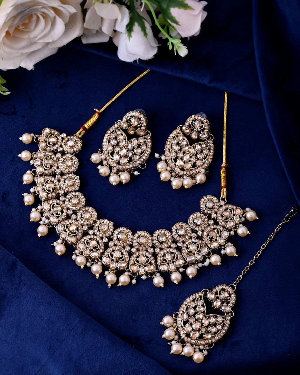 VOJ Gold-Polished Stone Studded Designer Choker With Earrings And Maang Tikka Set | Grocsy