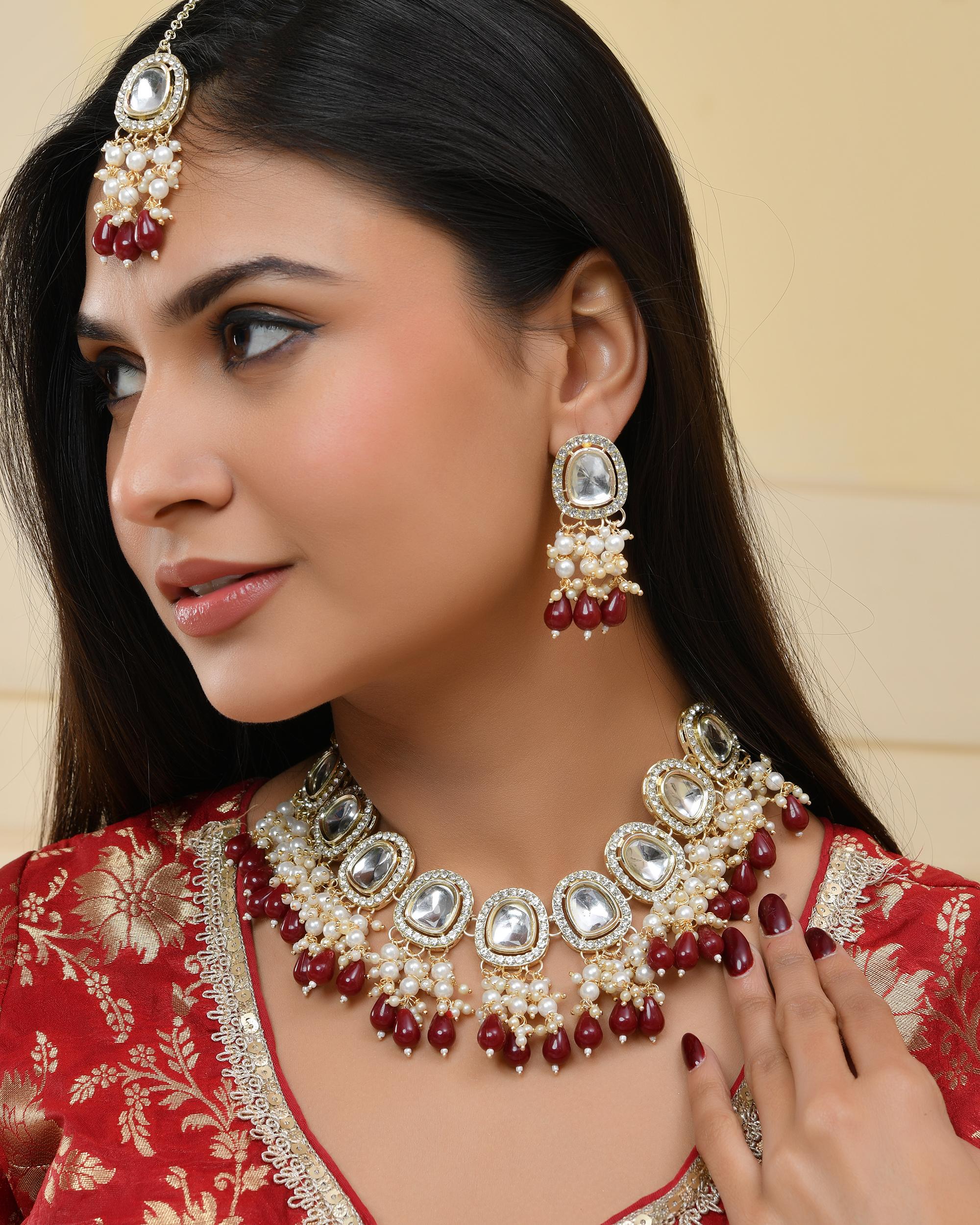 VOJ Kundan Stone And Maroon Beaded Studded Gold-Polished Jewellery Set | Grocsy