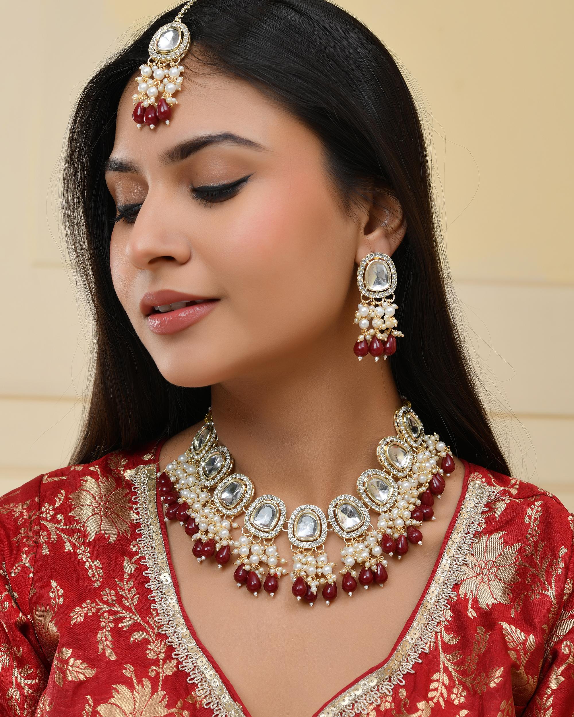 VOJ Kundan Stone And Maroon Beaded Studded Gold-Polished Jewellery Set | Grocsy