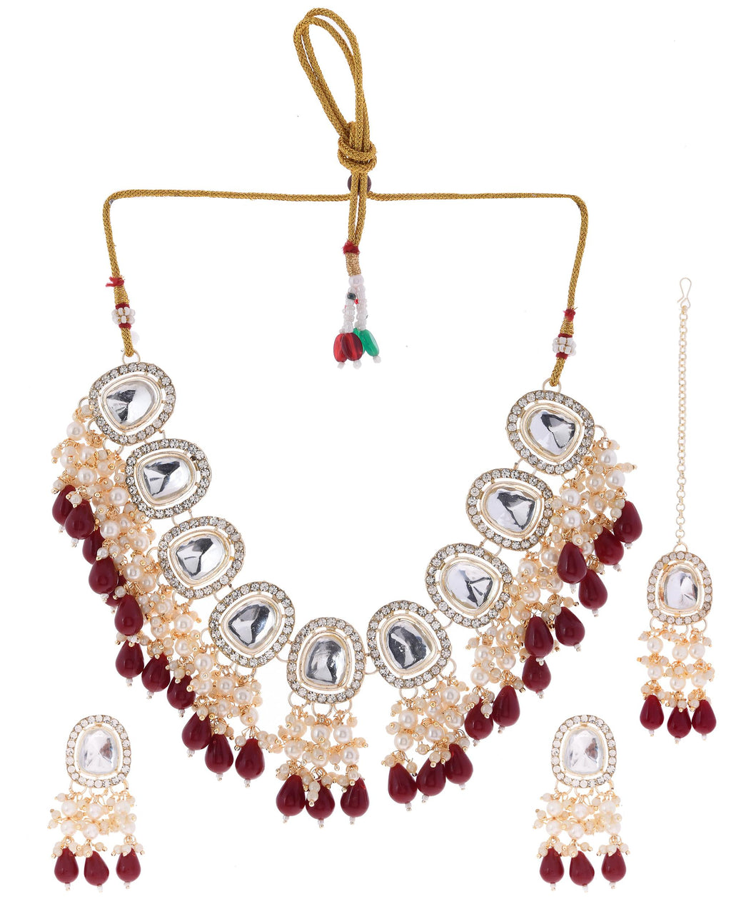 VOJ Kundan Stone And Maroon Beaded Studded Gold-Polished Jewellery Set | Grocsy