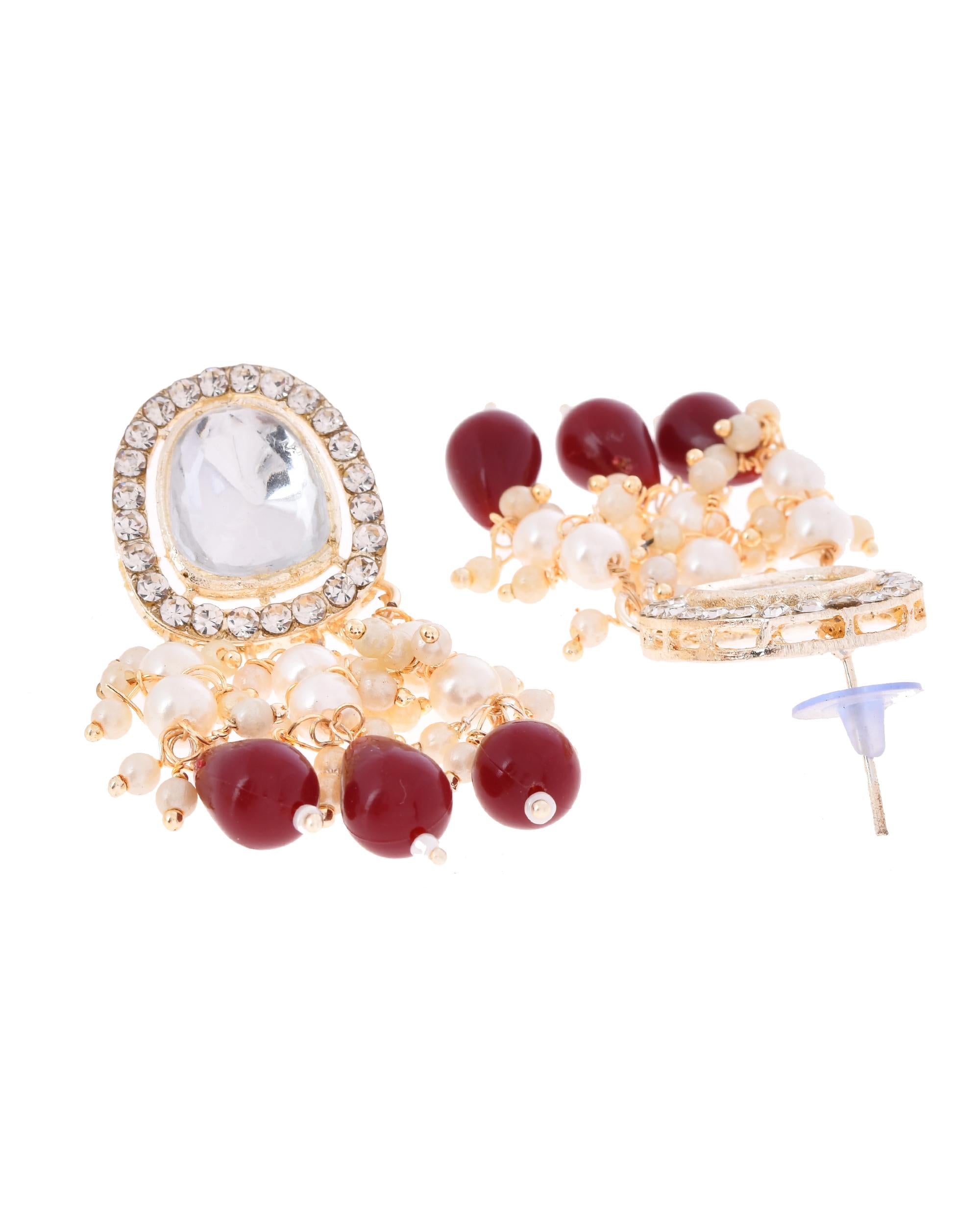 VOJ Kundan Stone And Maroon Beaded Studded Gold-Polished Jewellery Set | Grocsy