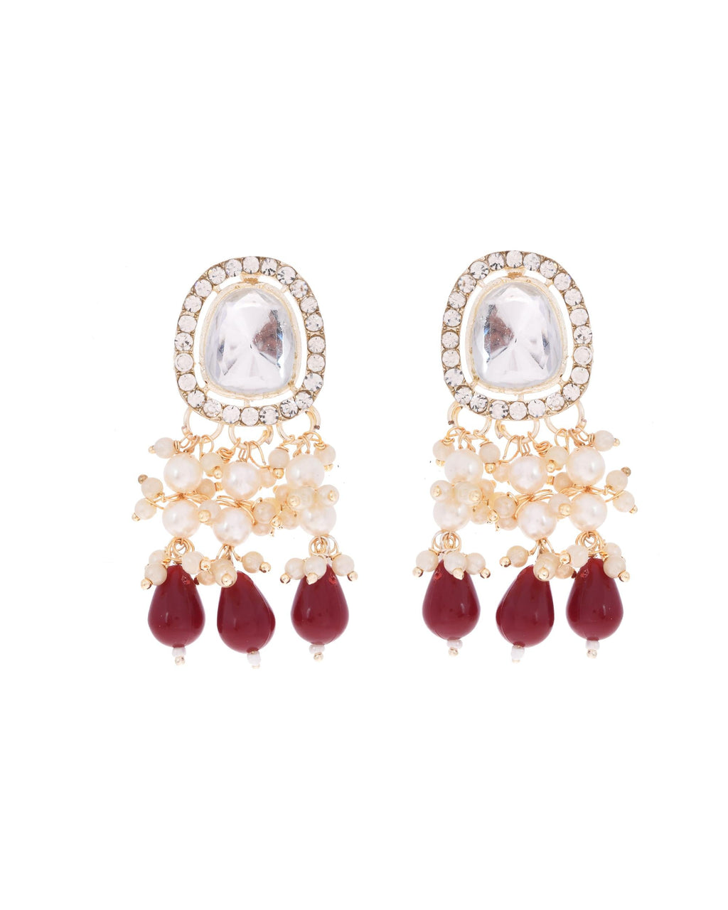 VOJ Kundan Stone And Maroon Beaded Studded Gold-Polished Jewellery Set | Grocsy