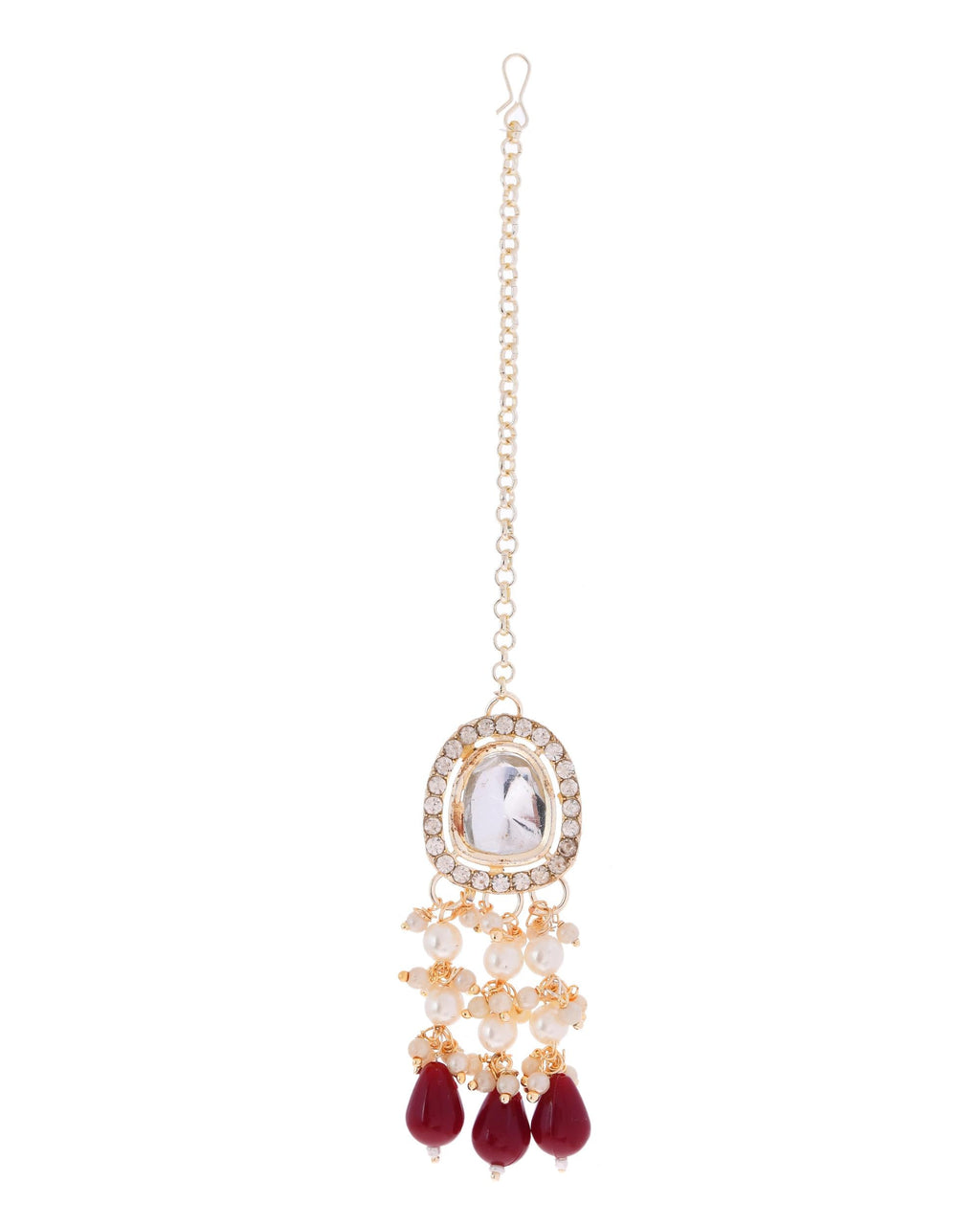 VOJ Kundan Stone And Maroon Beaded Studded Gold-Polished Jewellery Set | Grocsy
