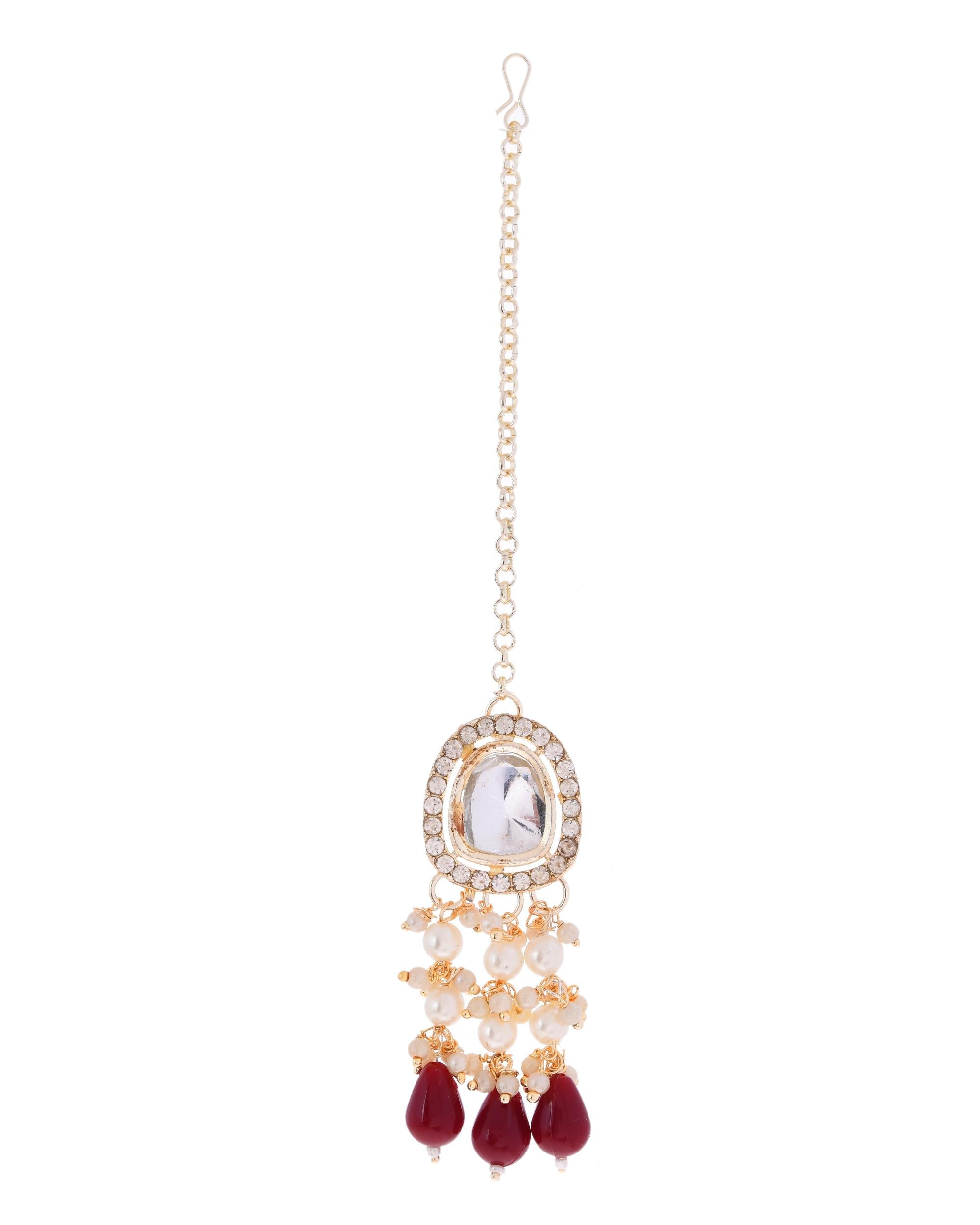 VOJ Kundan Stone And Maroon Beaded Studded Gold-Polished Jewellery Set | Grocsy