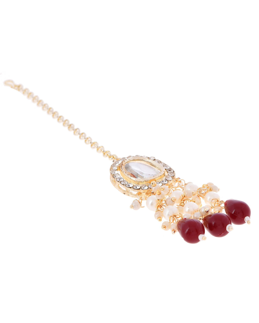 VOJ Kundan Stone And Maroon Beaded Studded Gold-Polished Jewellery Set | Grocsy