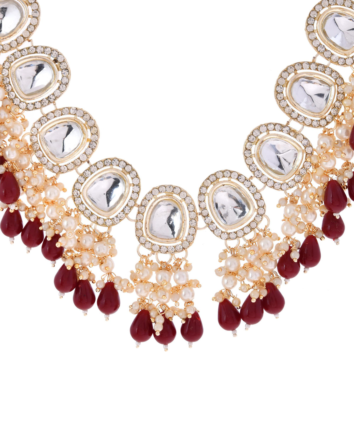 VOJ Kundan Stone And Maroon Beaded Studded Gold-Polished Jewellery Set | Grocsy