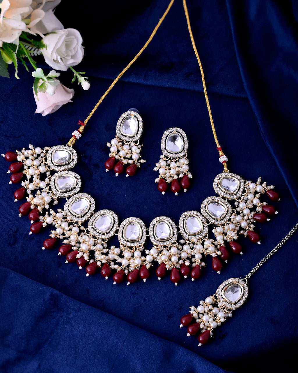 VOJ Kundan Stone And Maroon Beaded Studded Gold-Polished Jewellery Set | Grocsy
