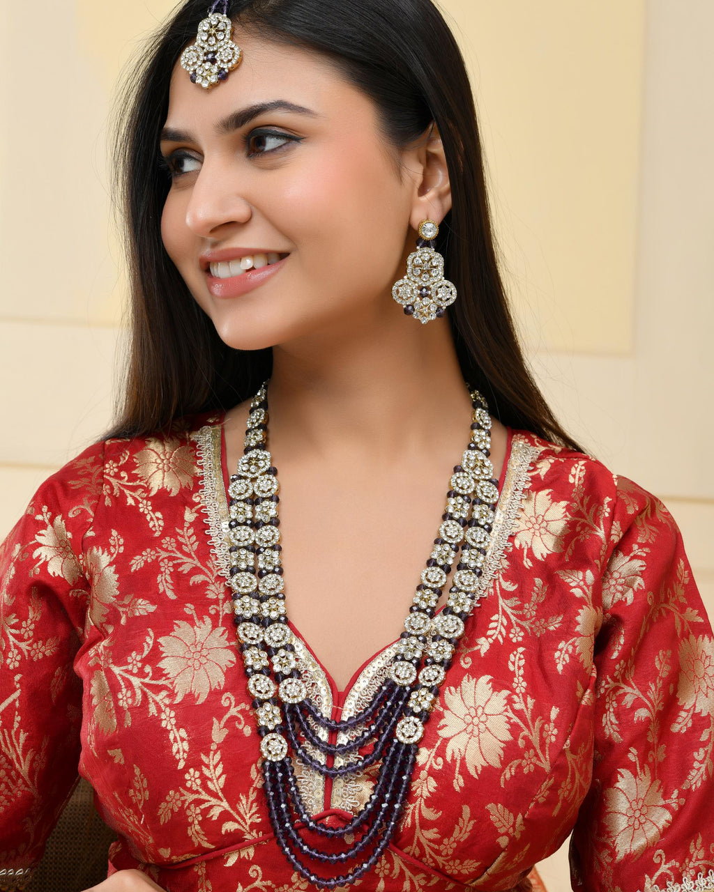 VOJ Purple Beaded With Stone Studded Long Jewellery Set | Grocsy