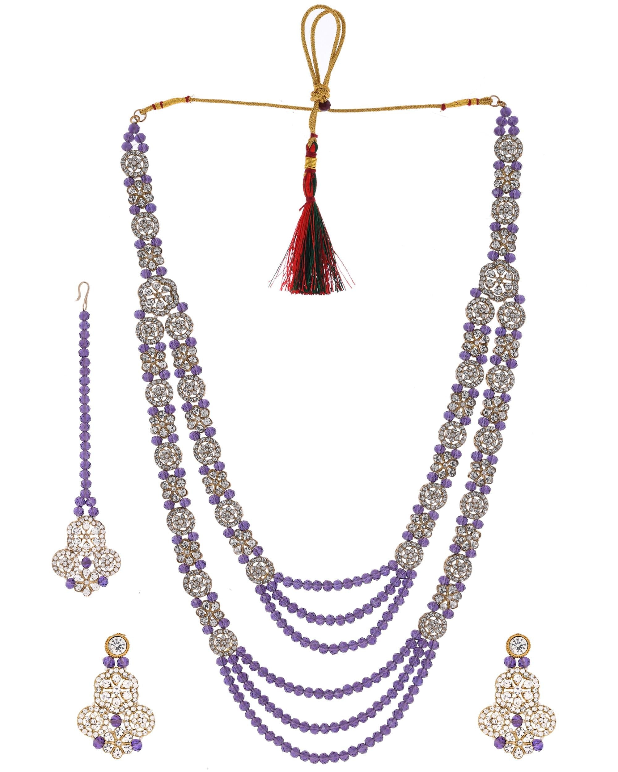 VOJ Purple Beaded With Stone Studded Long Jewellery Set | Grocsy