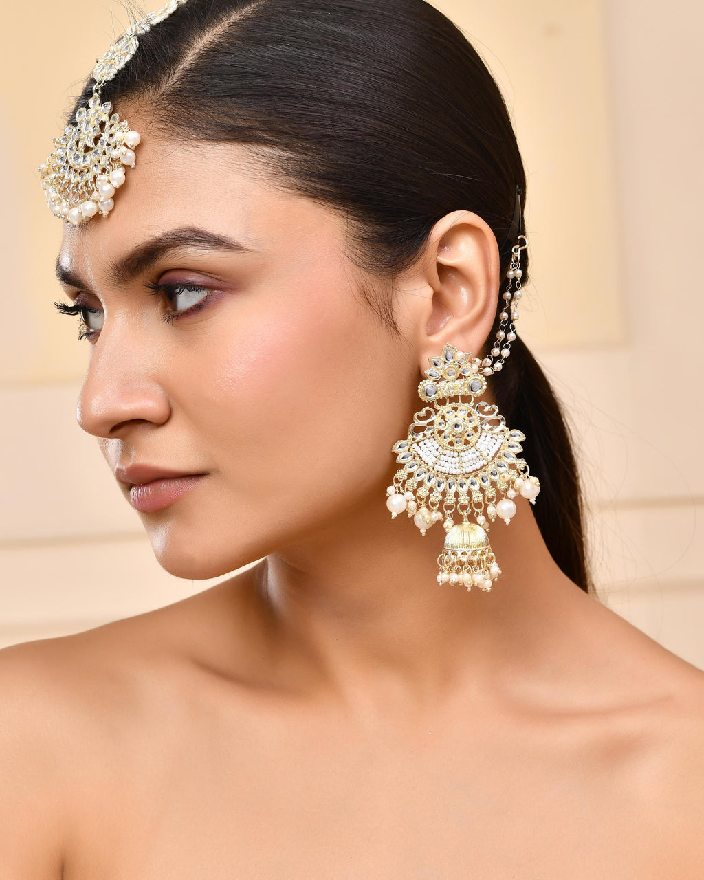 VOJ Gold-Polished Kundan Studded Earrings with Maang Tikka