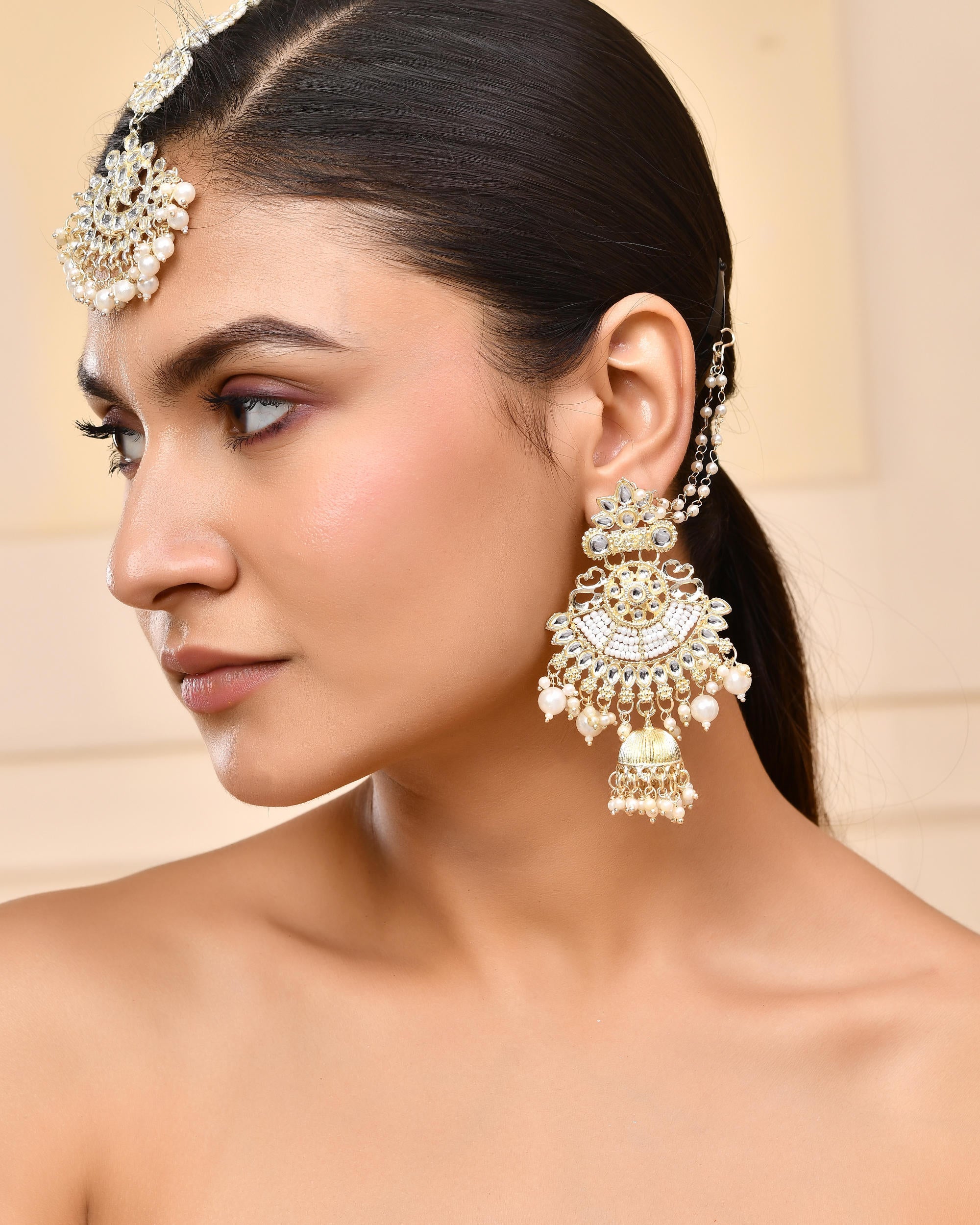 VOJ Gold-Polished Kundan Studded Earrings with Maang Tikka