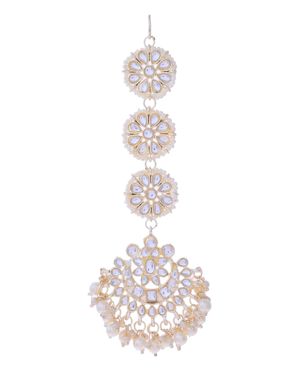 VOJ Gold-Polished Kundan Studded Earrings with Maang Tikka