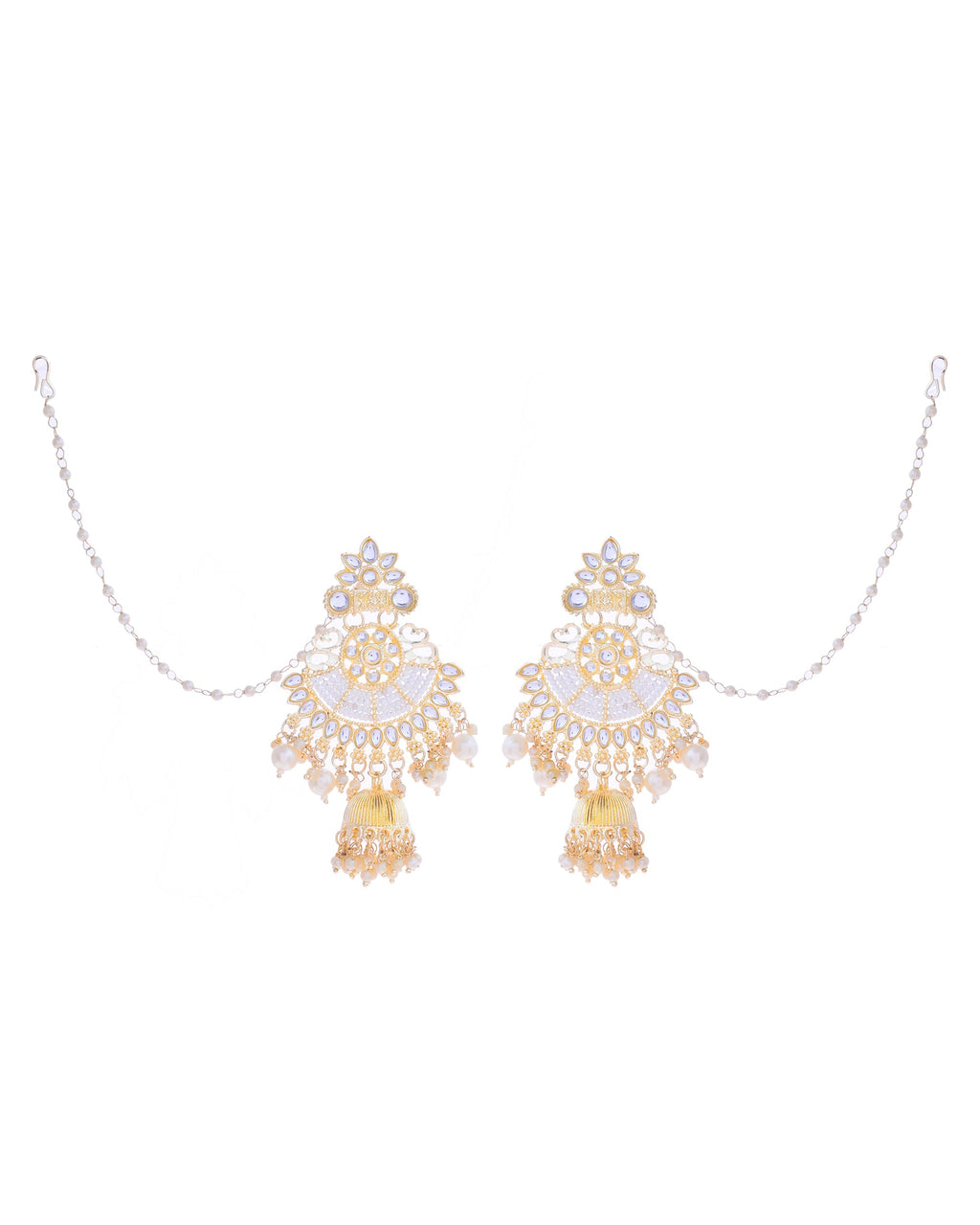 VOJ Gold-Polished Kundan Studded Earrings with Maang Tikka
