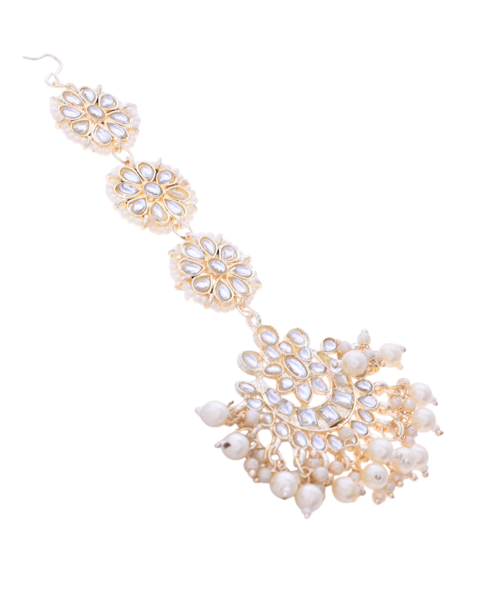 VOJ Gold-Polished Kundan Studded Earrings with Maang Tikka