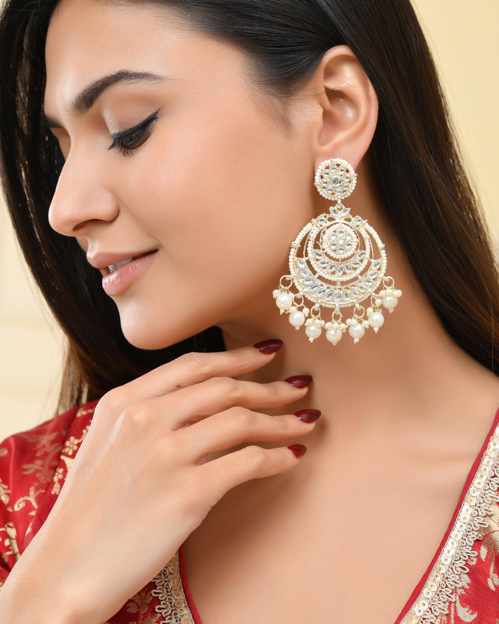 VOJ Gold-Polished Kundan And Pearl Studded Circular Earrings