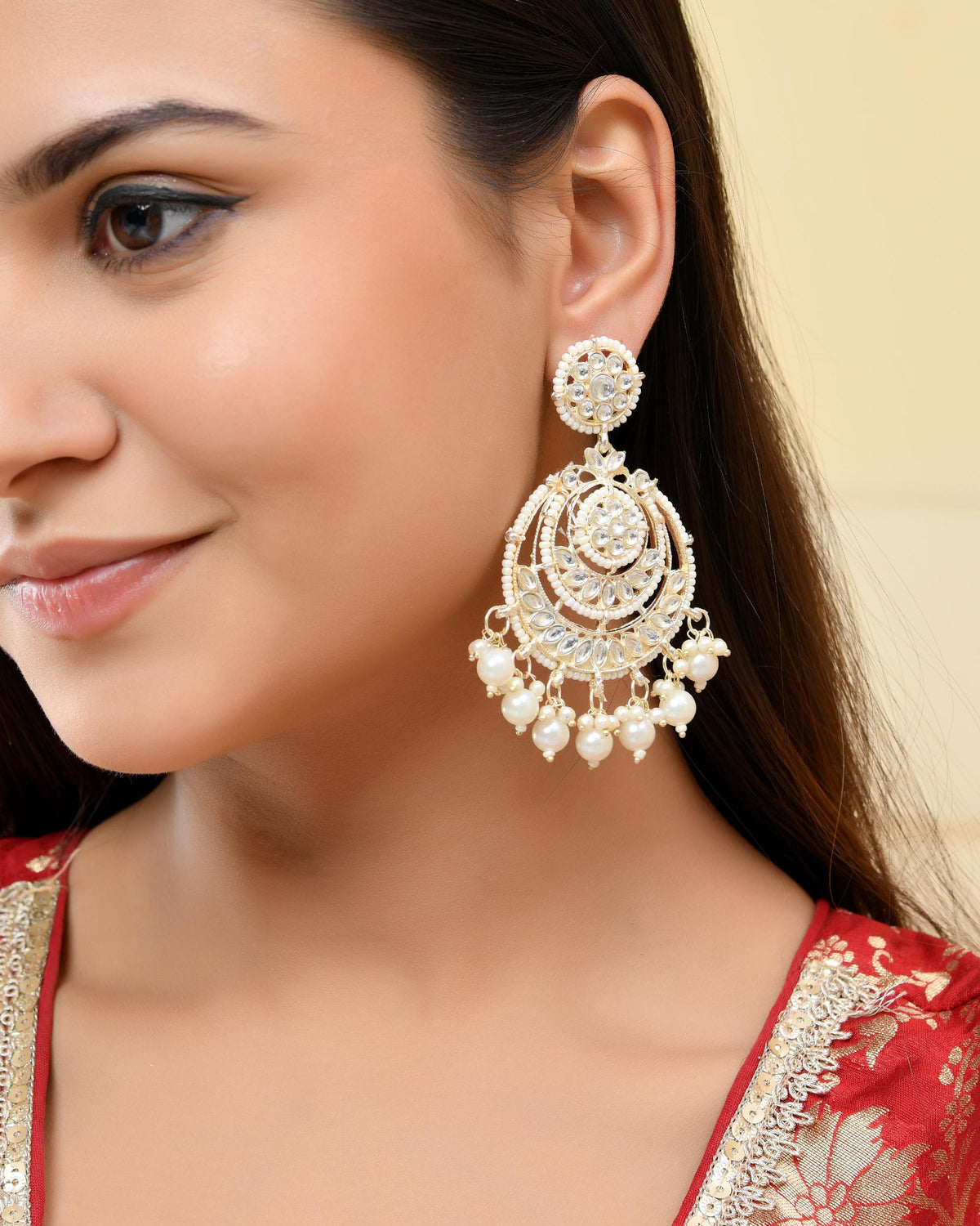 VOJ Gold-Polished Kundan And Pearl Studded Circular Earrings