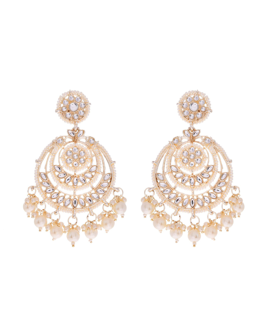 VOJ Gold-Polished Kundan And Pearl Studded Circular Earrings