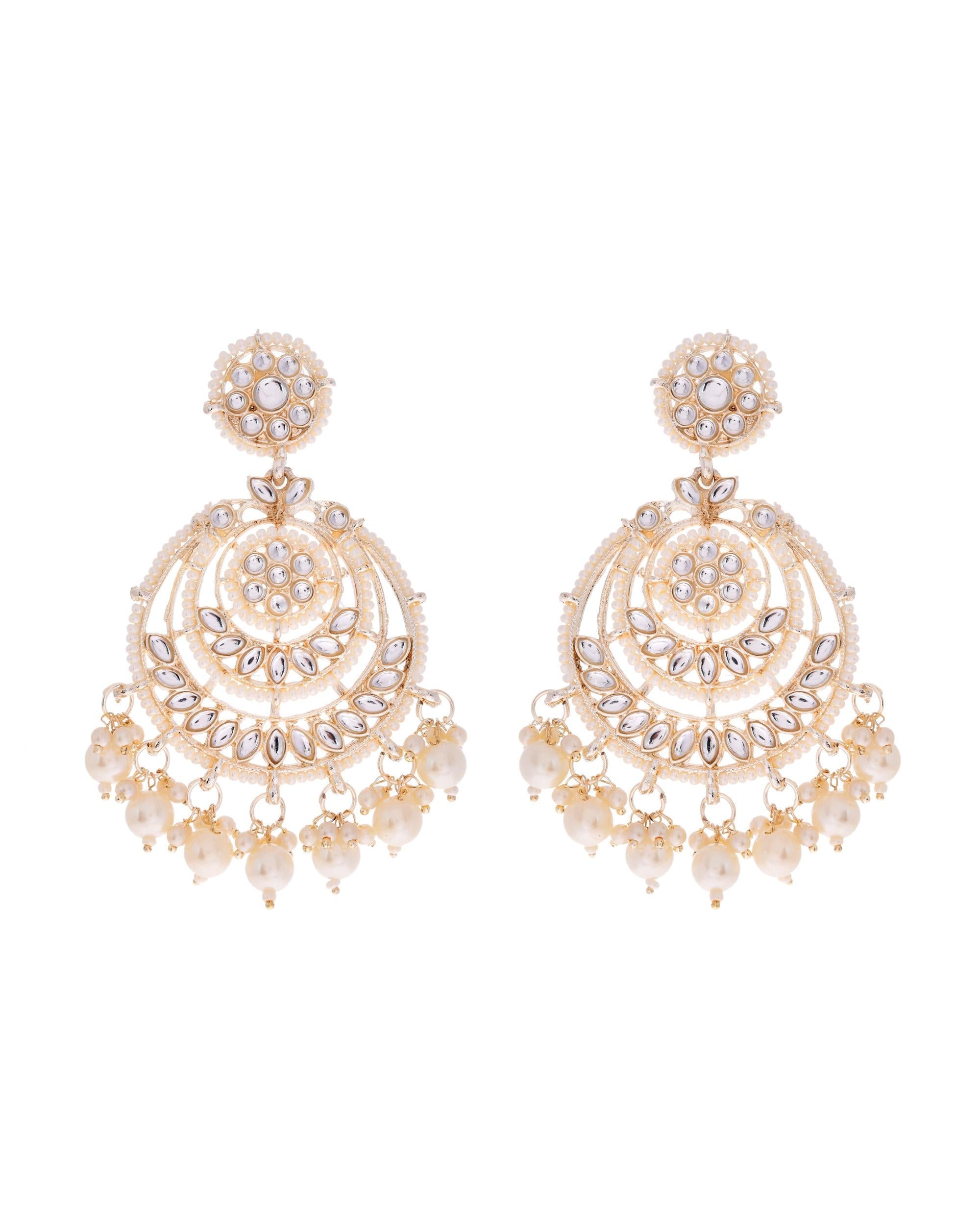 VOJ Gold-Polished Kundan And Pearl Studded Circular Earrings