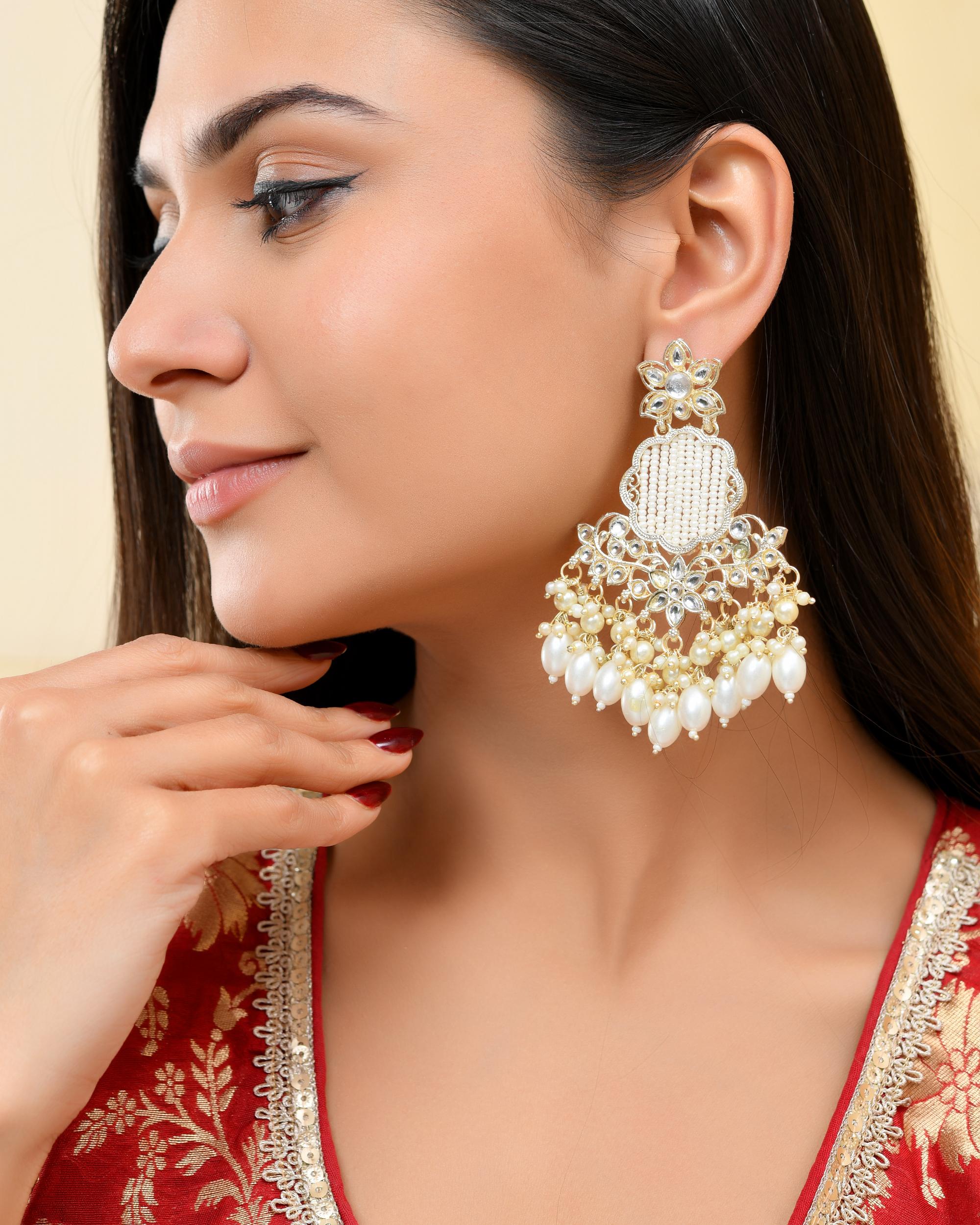 VOJ Gold-Polished Kundan Studded Pearl Drop Earrings