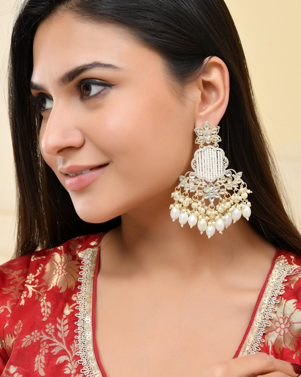 VOJ Gold-Polished Kundan Studded Pearl Drop Earrings