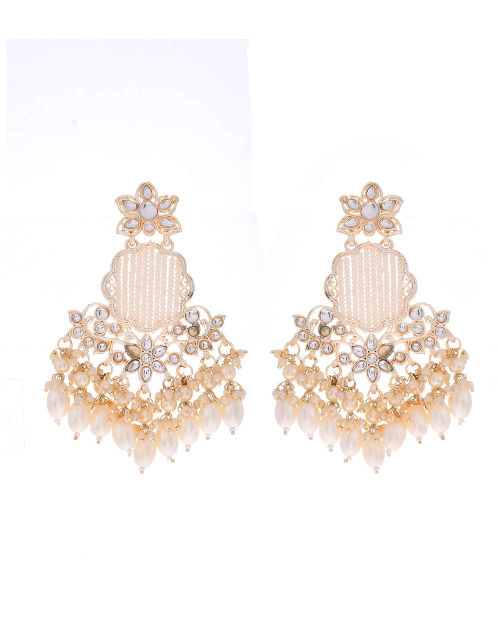 VOJ Gold-Polished Kundan Studded Pearl Drop Earrings