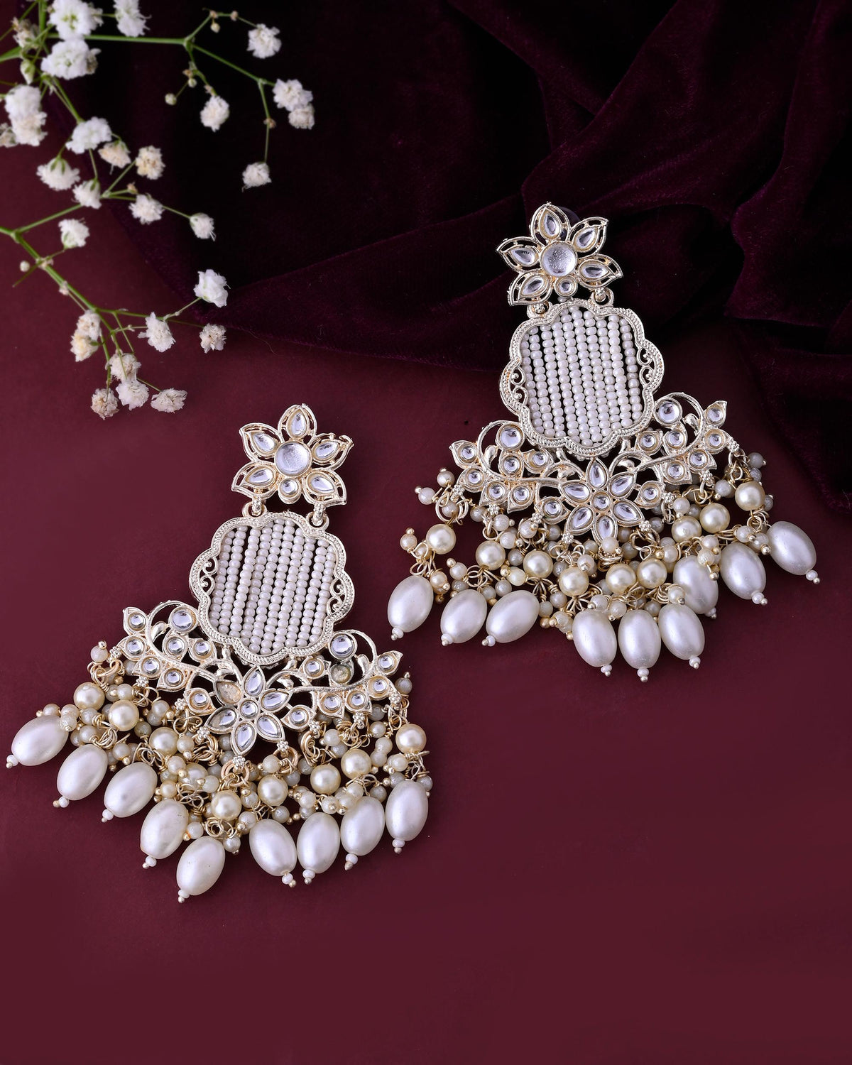 VOJ Gold-Polished Kundan Studded Pearl Drop Earrings