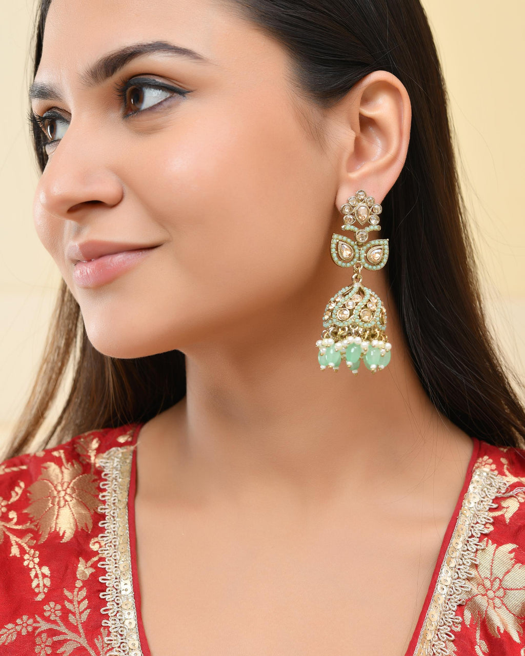 VOJ Mint Green Stone Studded Gold-Polished Jhumkas