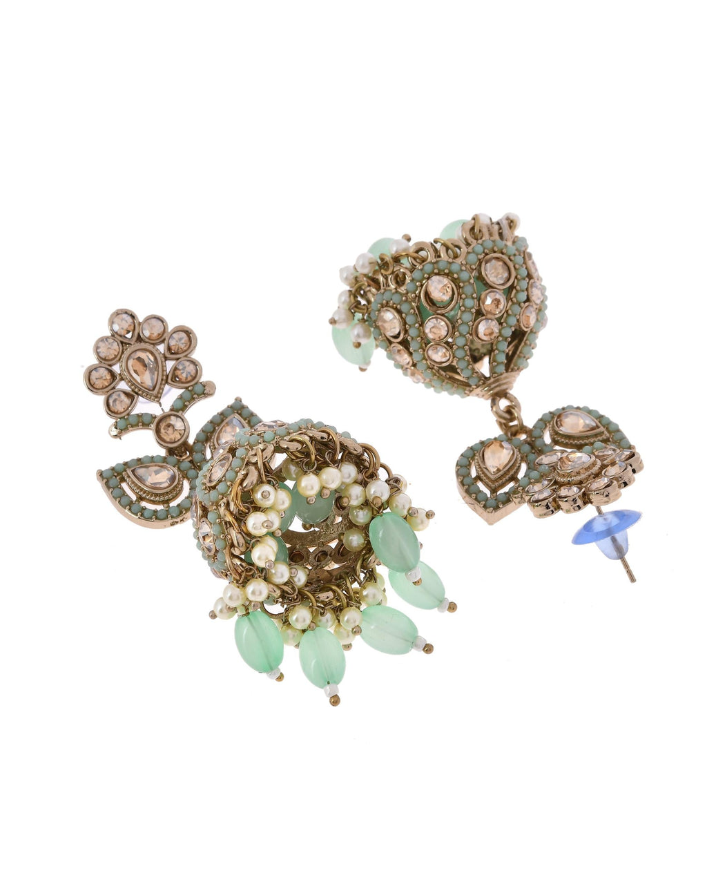 VOJ Mint Green Stone Studded Gold-Polished Jhumkas
