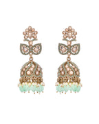 VOJ Mint Green Stone Studded Gold-Polished Jhumkas