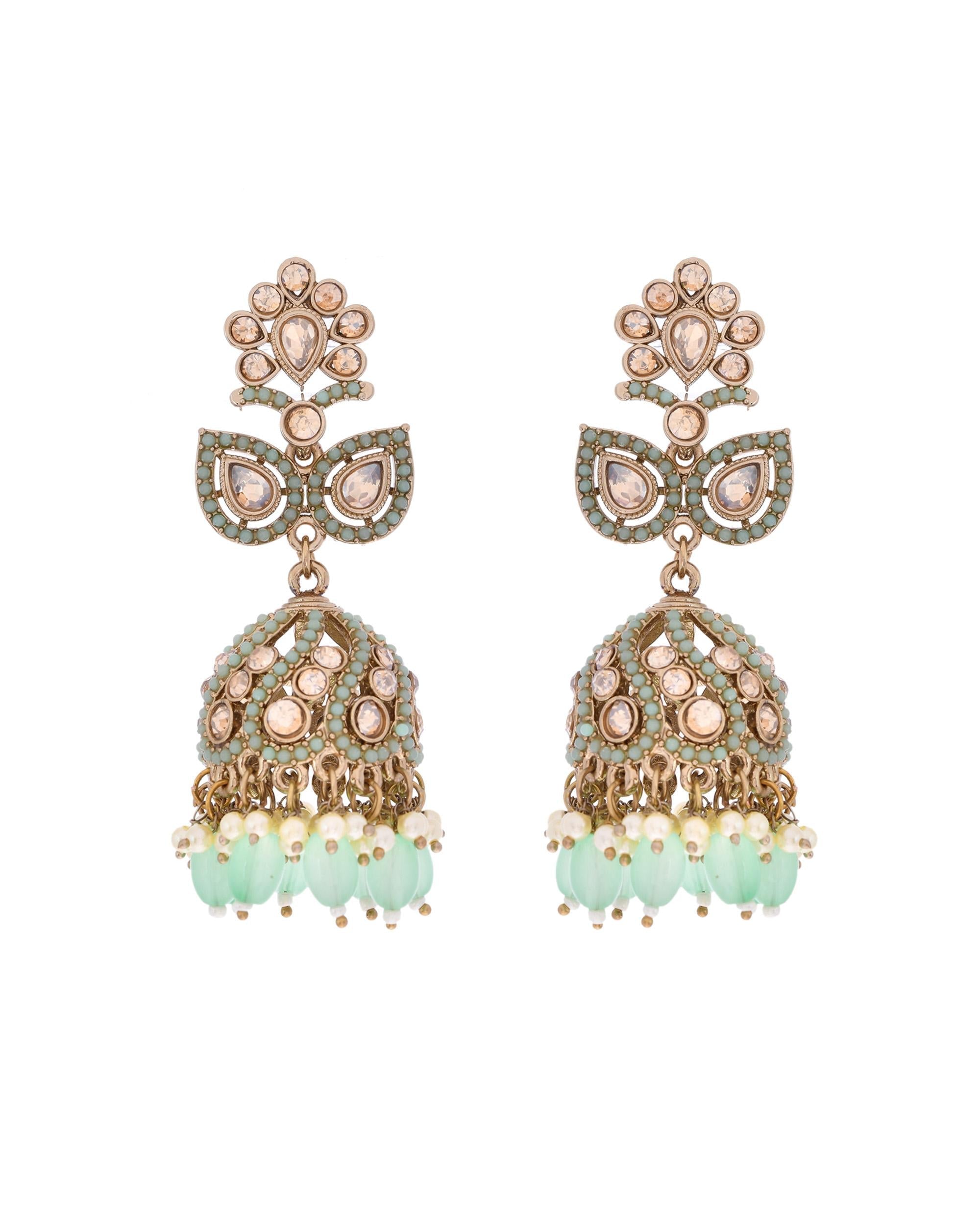 VOJ Mint Green Stone Studded Gold-Polished Jhumkas