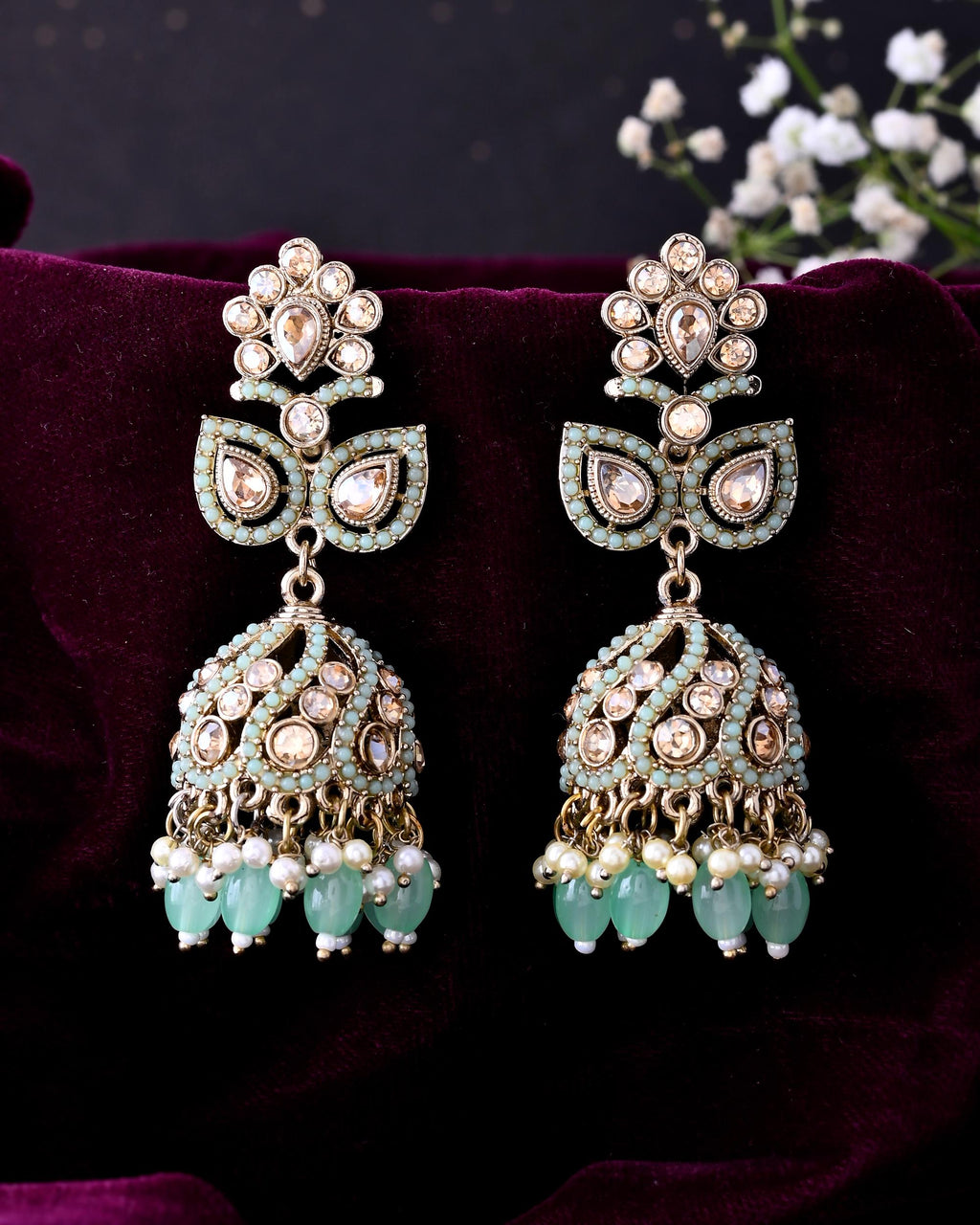 VOJ Mint Green Stone Studded Gold-Polished Jhumkas