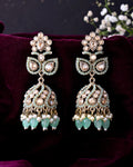 VOJ Mint Green Stone Studded Gold-Polished Jhumkas