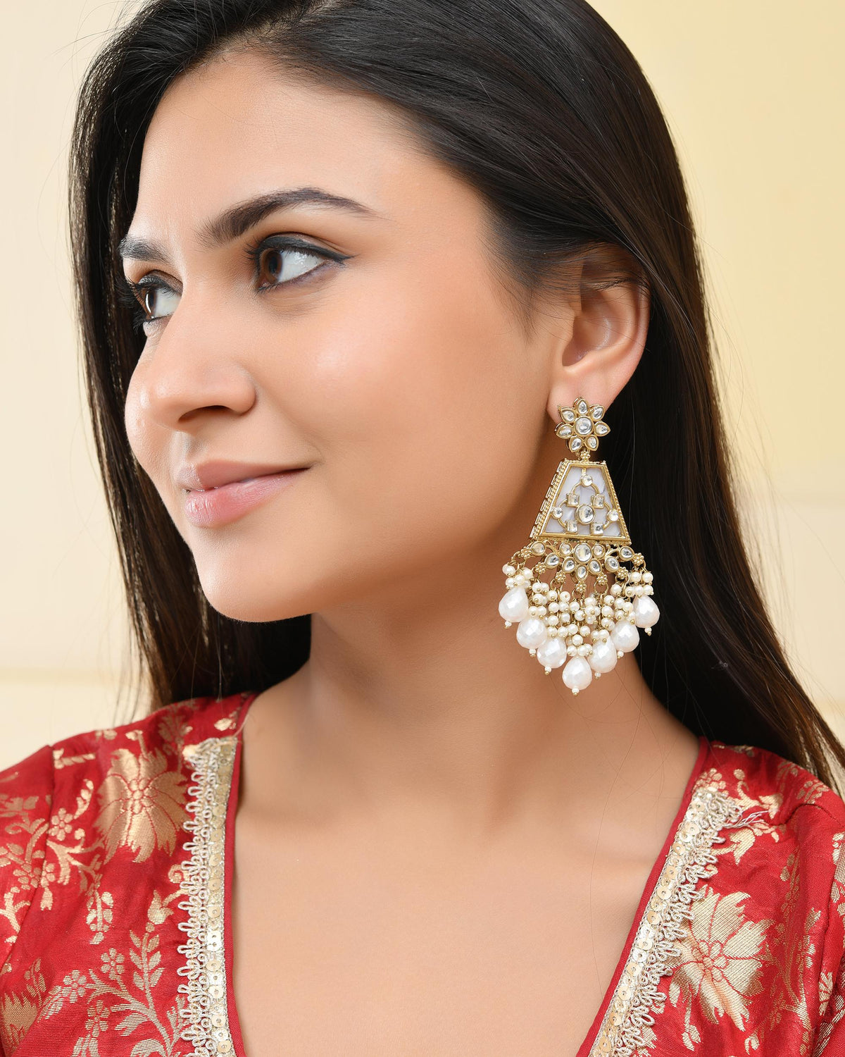 VOJ Gold-Polished Kundan Studded Contemporary Earrings | Grocsy