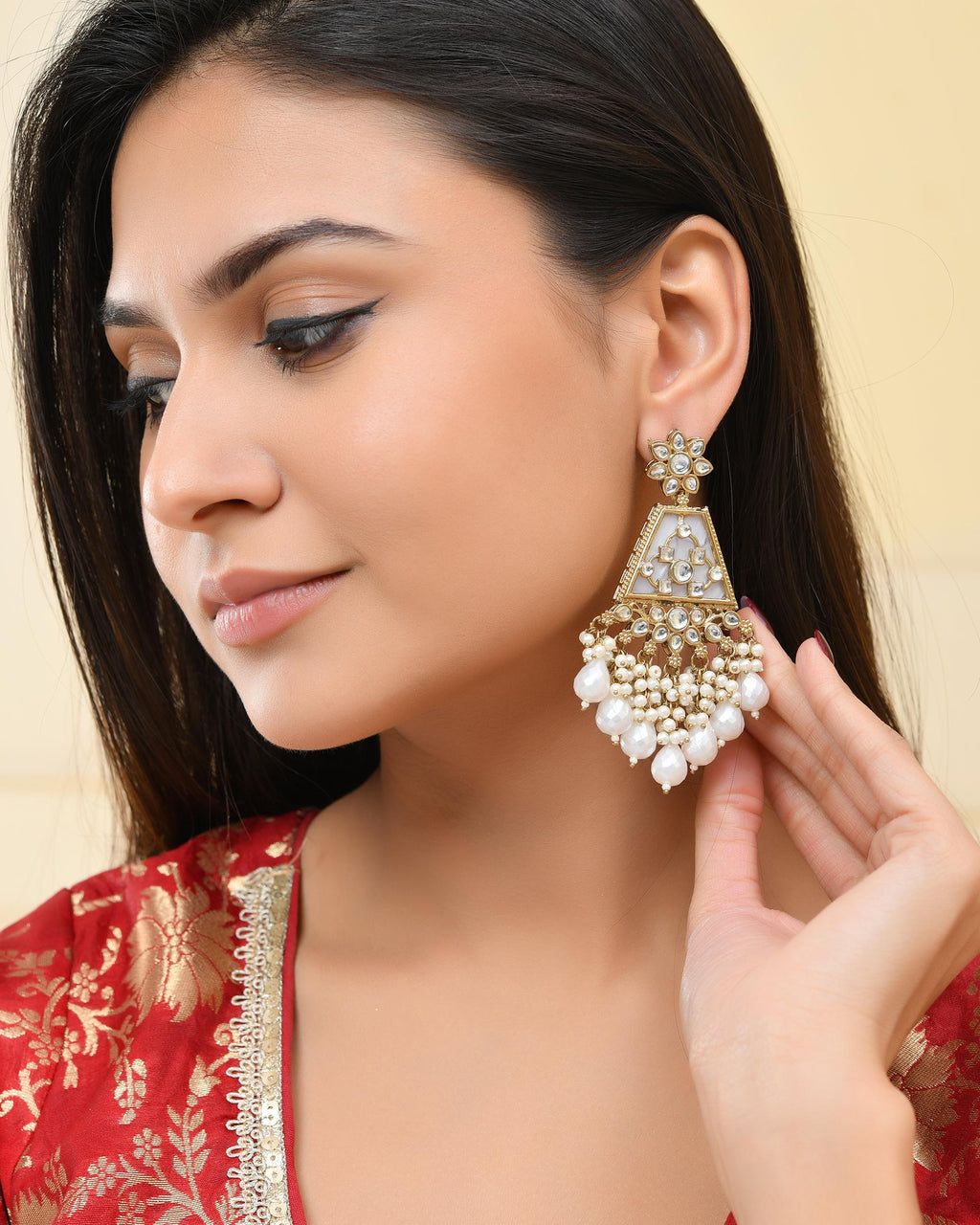 VOJ Gold-Polished Kundan Studded Contemporary Earrings | Grocsy
