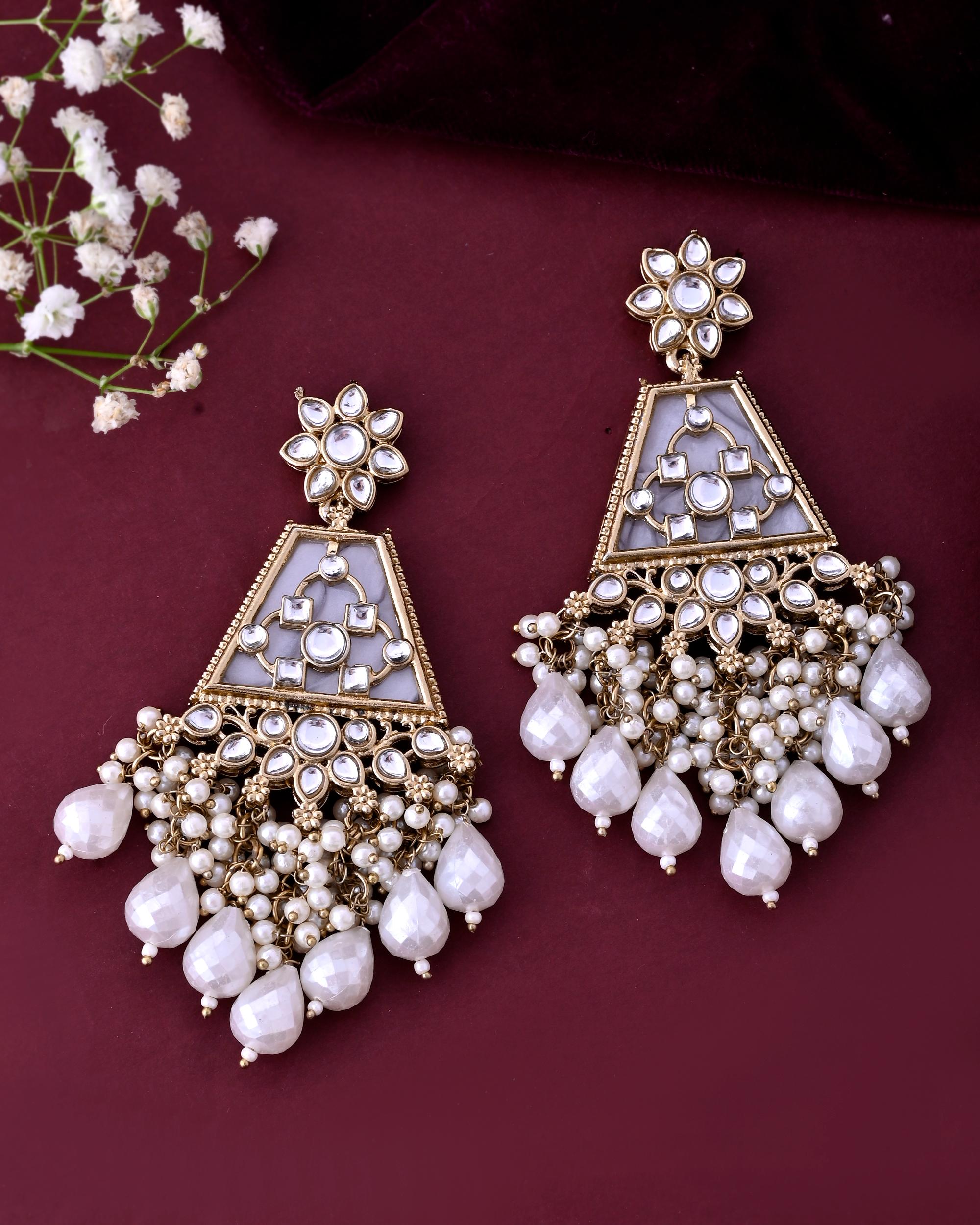 VOJ Gold-Polished Kundan Studded Contemporary Earrings | Grocsy