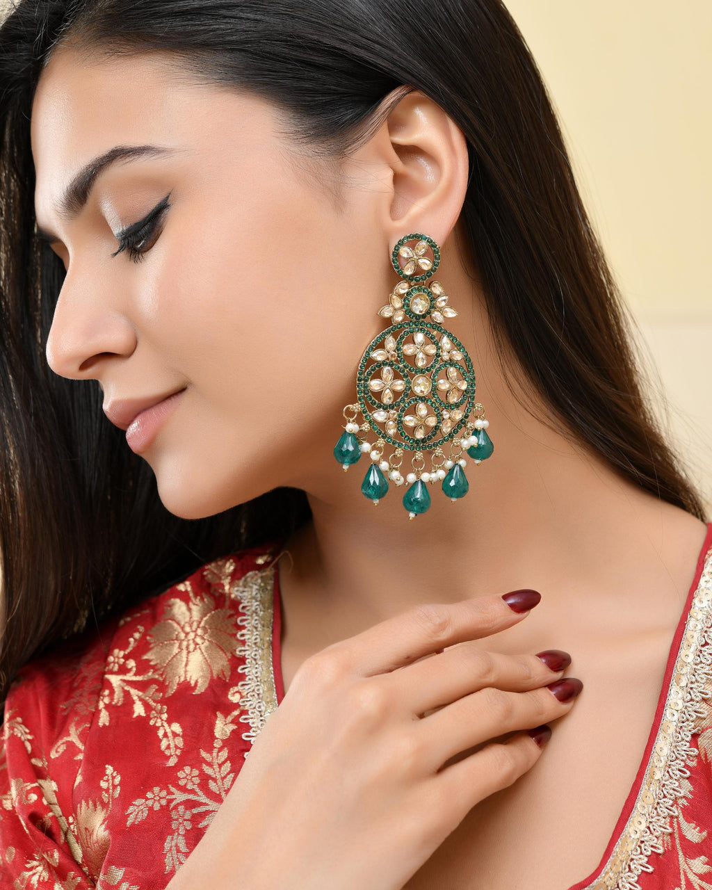 VOJ Teal Green Stone Studded Gold-Polished Circle Shaped Earrings