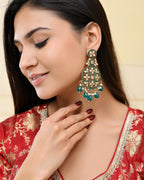 VOJ Teal Green Stone Studded Gold-Polished Circle Shaped Earrings