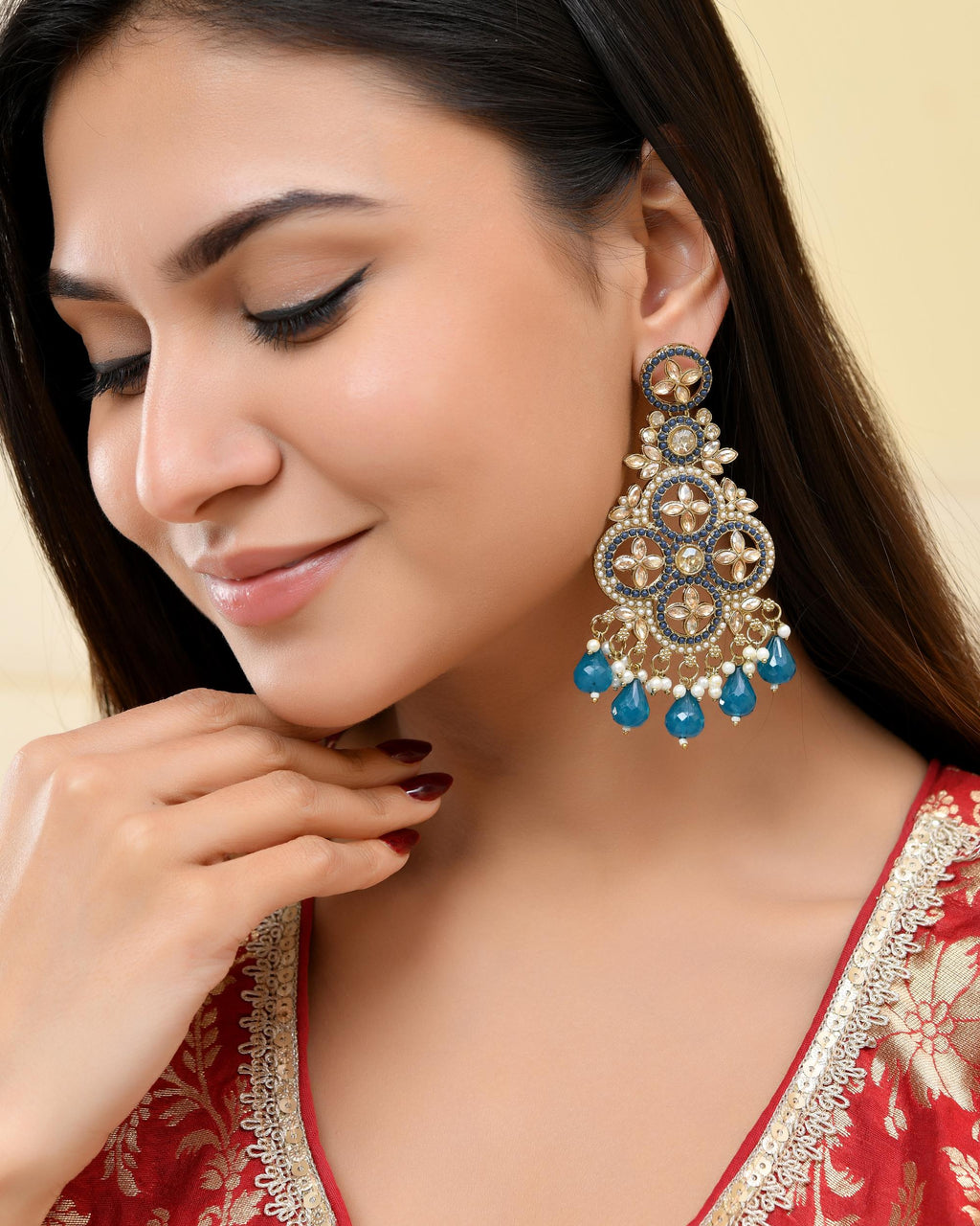 VOJ Blue Stone Studded Gold-Polished Crescent Shaped Earrings