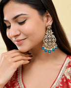 VOJ Blue Stone Studded Gold-Polished Crescent Shaped Earrings