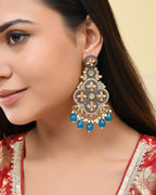 VOJ Blue Stone Studded Gold-Polished Crescent Shaped Earrings