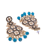 VOJ Blue Stone Studded Gold-Polished Crescent Shaped Earrings