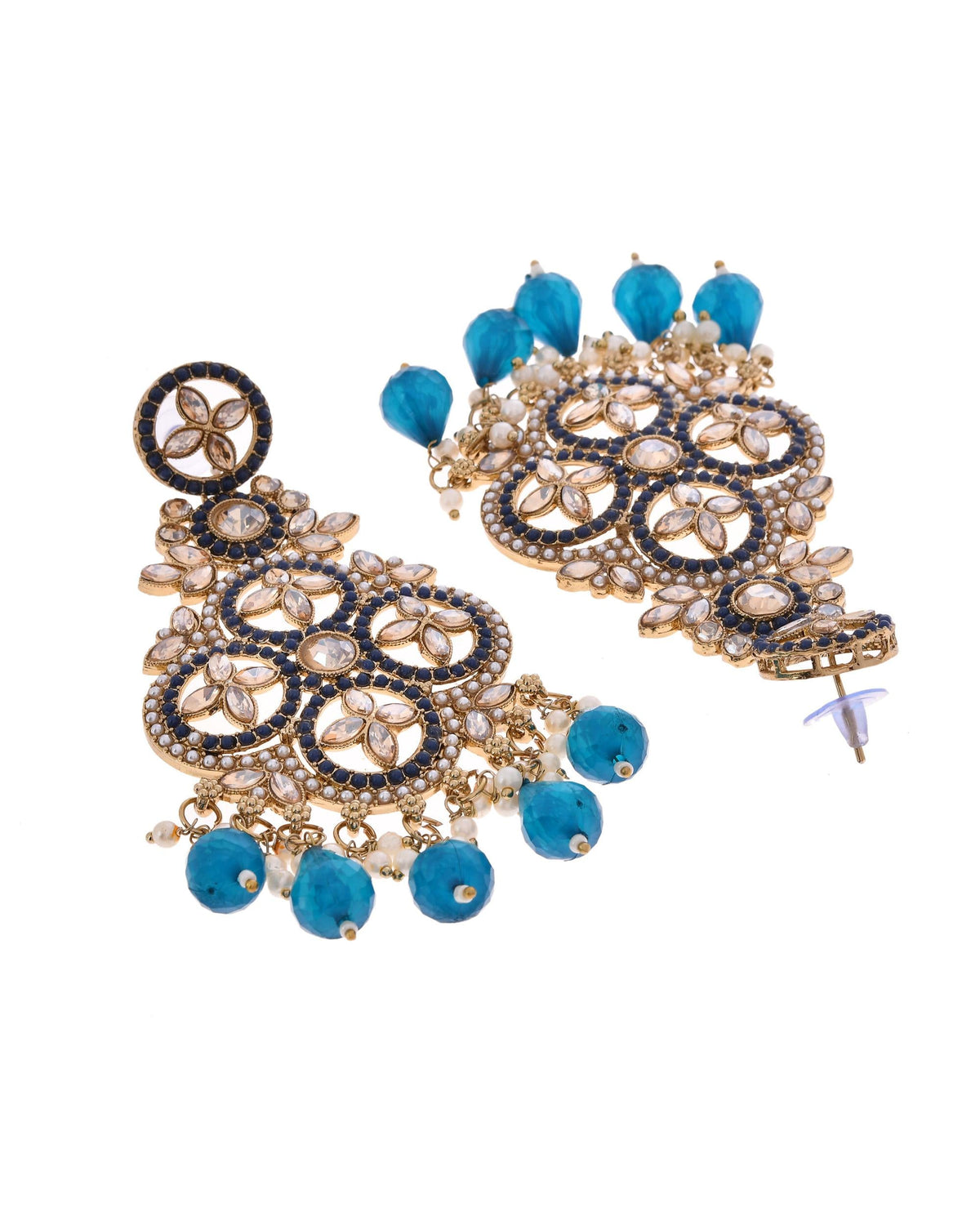 VOJ Blue Stone Studded Gold-Polished Crescent Shaped Earrings