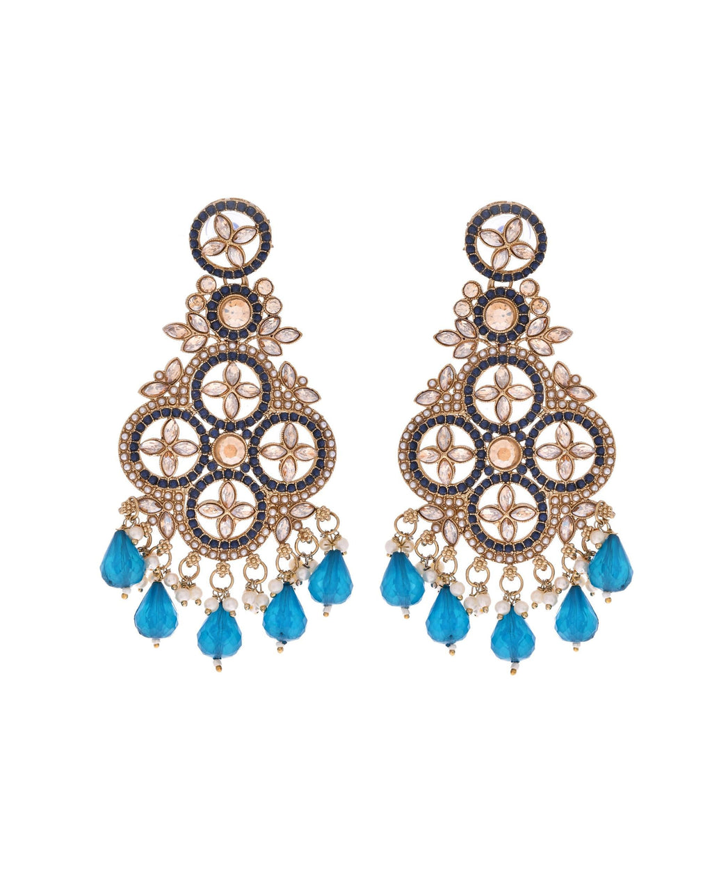 VOJ Blue Stone Studded Gold-Polished Crescent Shaped Earrings