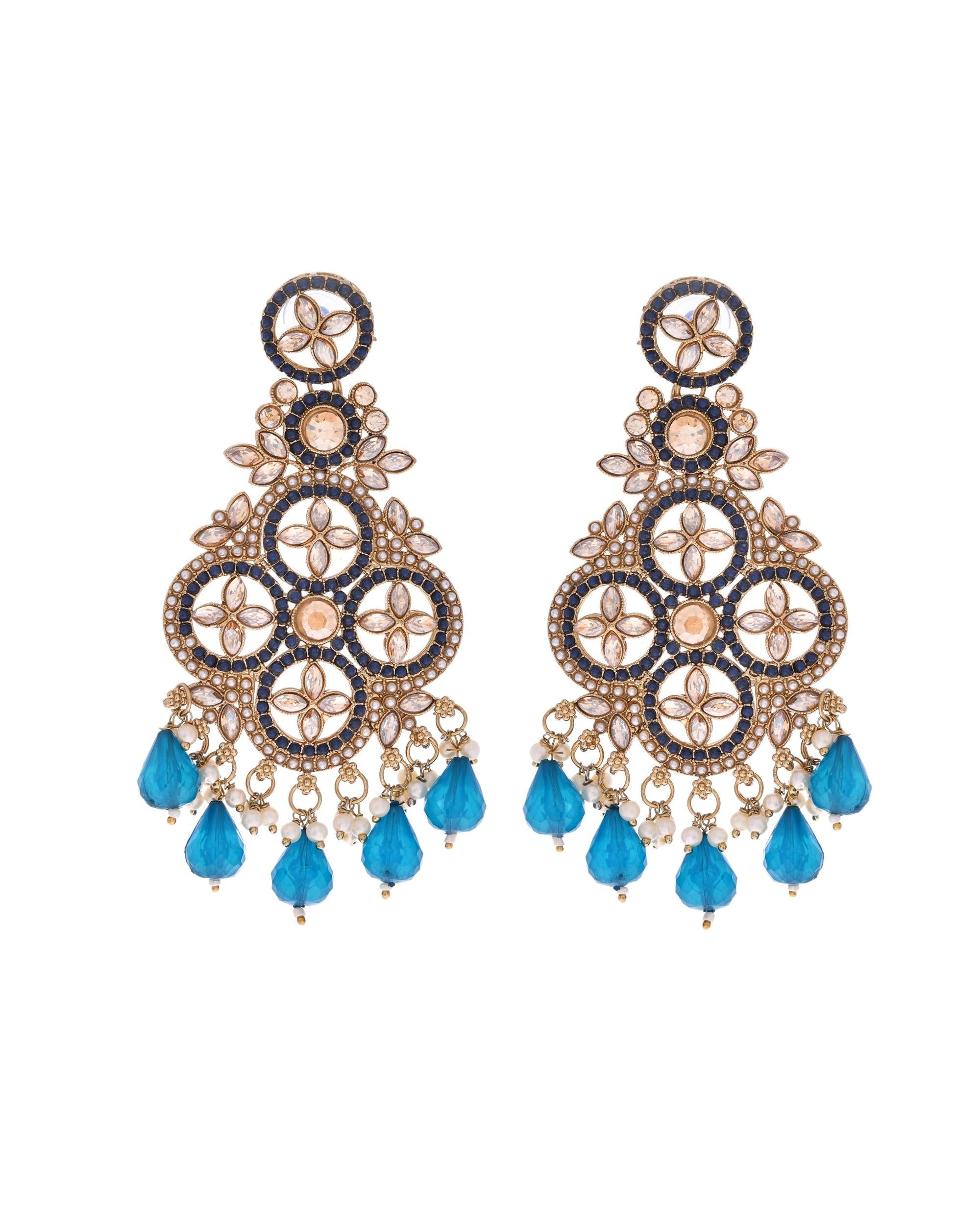 VOJ Blue Stone Studded Gold-Polished Crescent Shaped Earrings