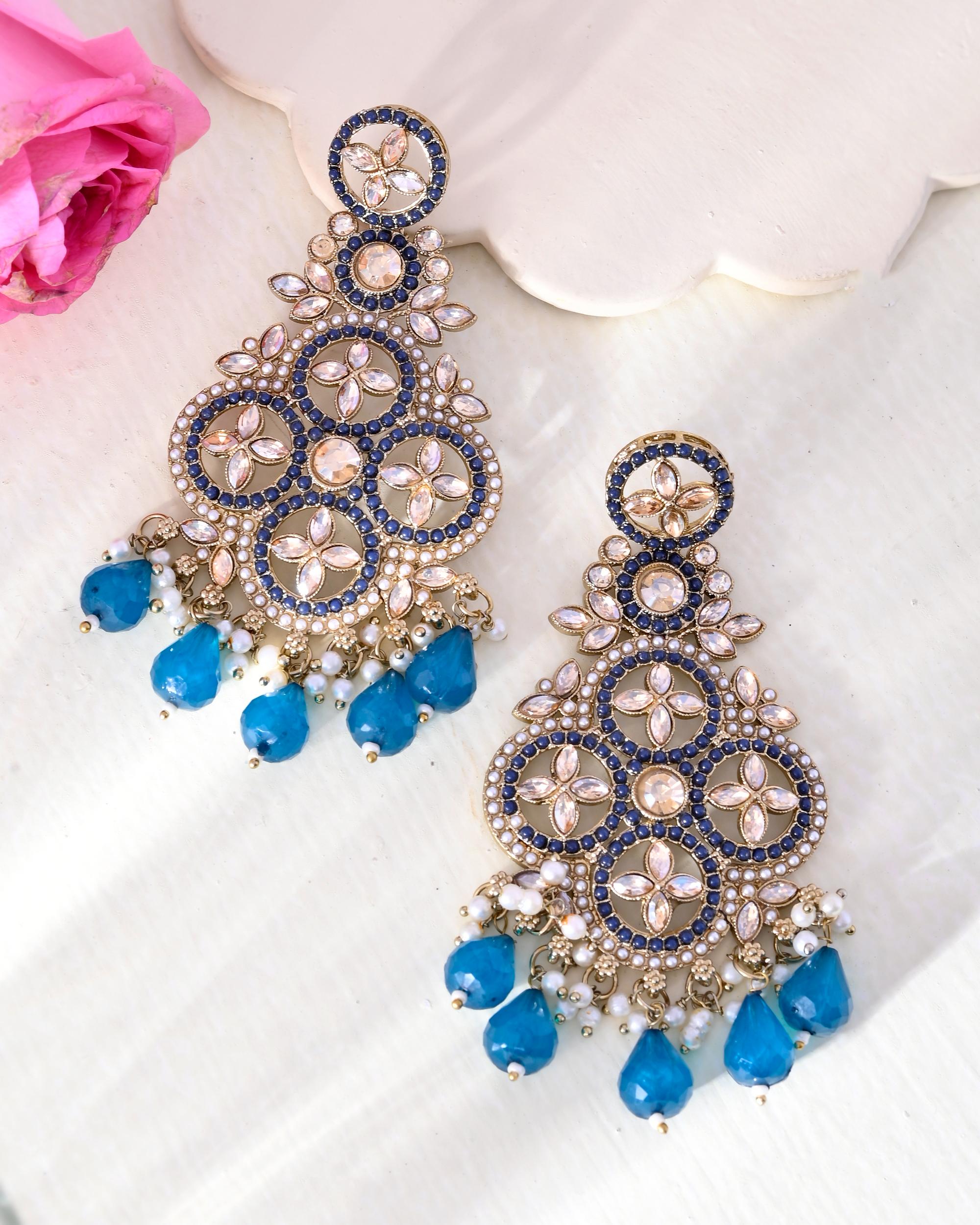 VOJ Blue Stone Studded Gold-Polished Crescent Shaped Earrings